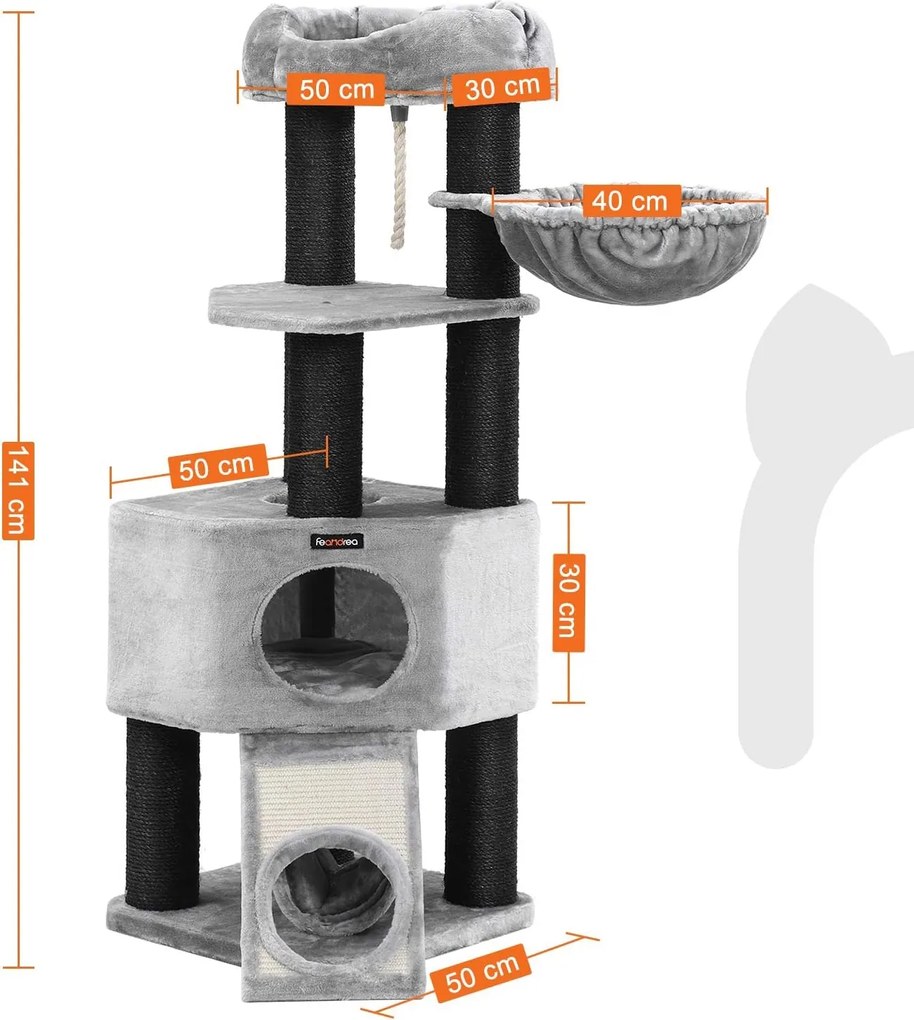 Veľké škrabadlo pre mačky s plyšovým košíkom a jaskynkou, svetlošedé