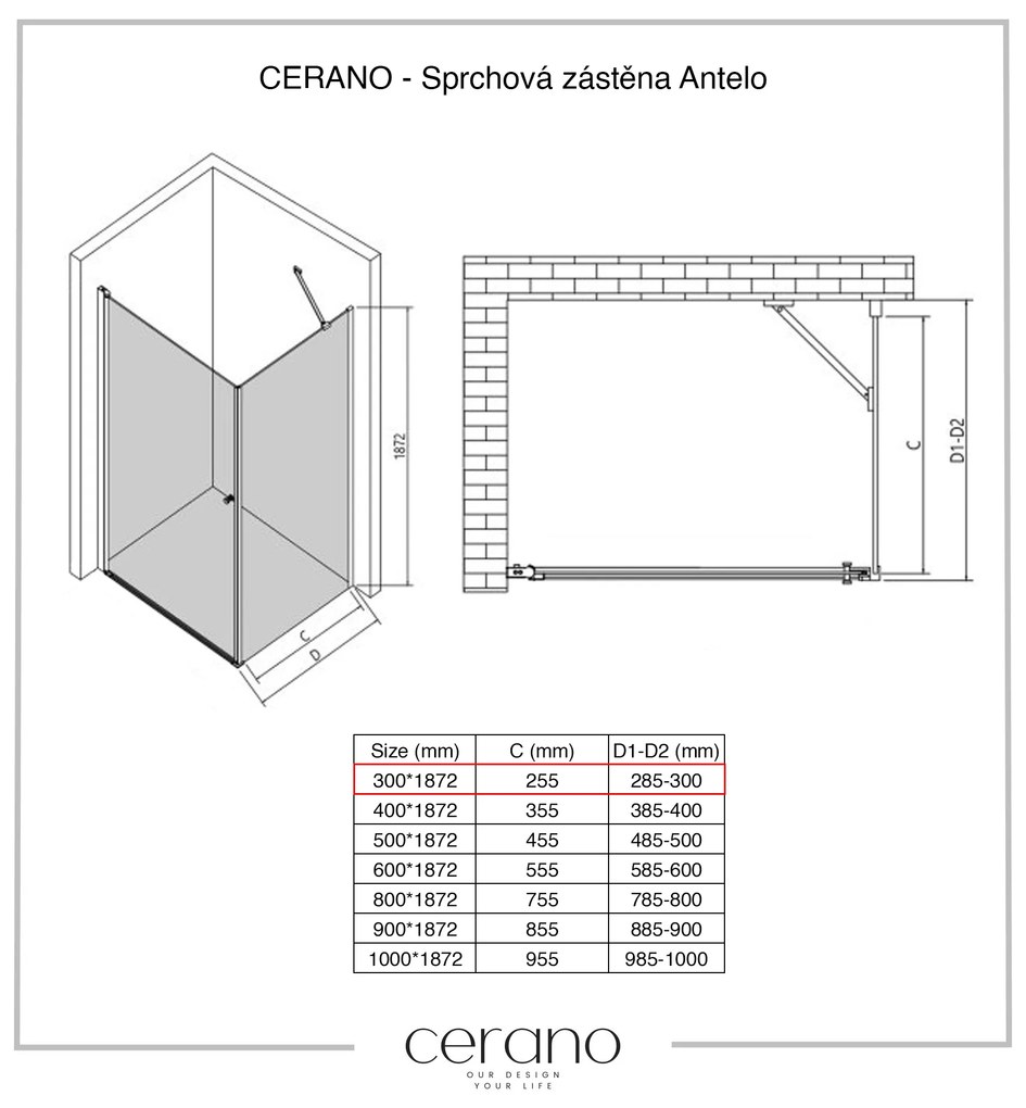 Cerano Antelo, sprchová zástena ku sprchovému kútu 30x190 cm, 6mm číre sklo, chrómový profil, CER-CER-432433