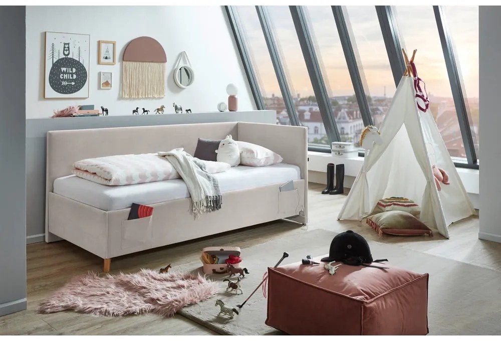 Béžová čalúnená rohová detská posteľ s úložným priestorom s roštom 140x200 cm Cool – Meise Möbel