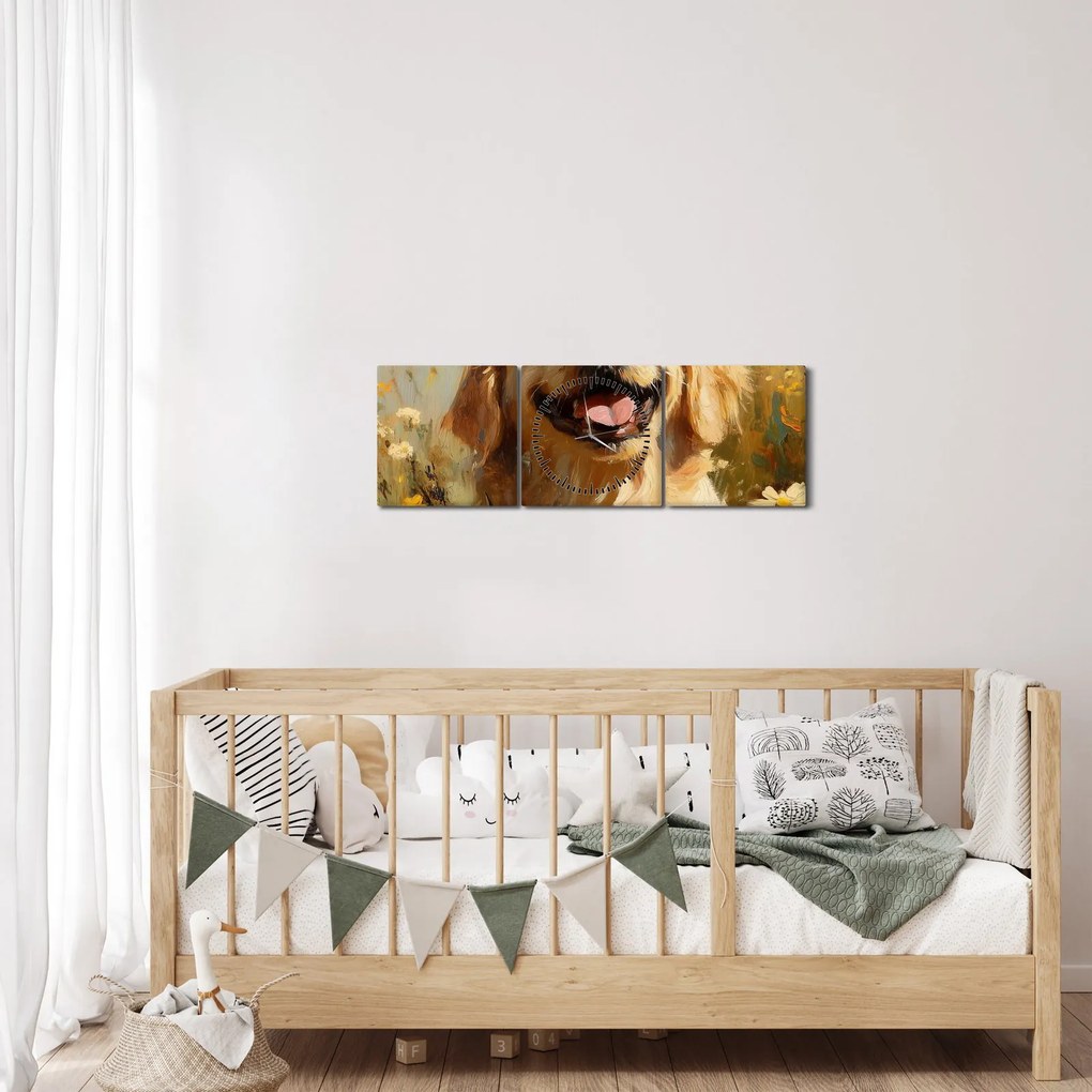 Obraz - Šťastný psík (s hodinami) (90x30 cm)