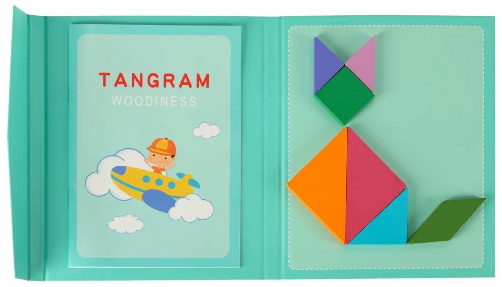 KIK Magnetická knižka Tangram 3D – drevený magnetický puzzle set pre deti, Montessori