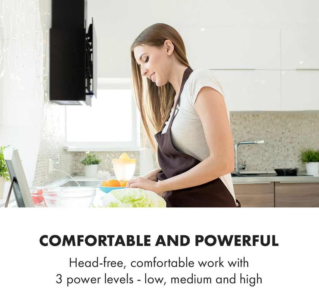 Klarstein Amelia, digestor, 60 cm, nástenný, 586 m³/h, LED, otočné dotykové ovládanie, čierny