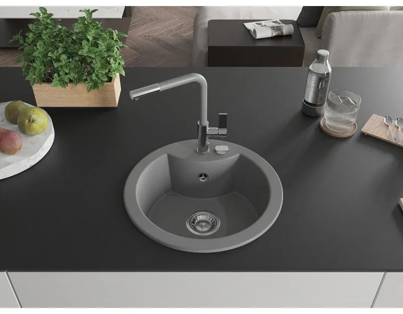 Mexen Diego, 1-komorový granitový drez 488x488x167 mm a drezová batéria Flora, šedá, 6512-71-670401-06