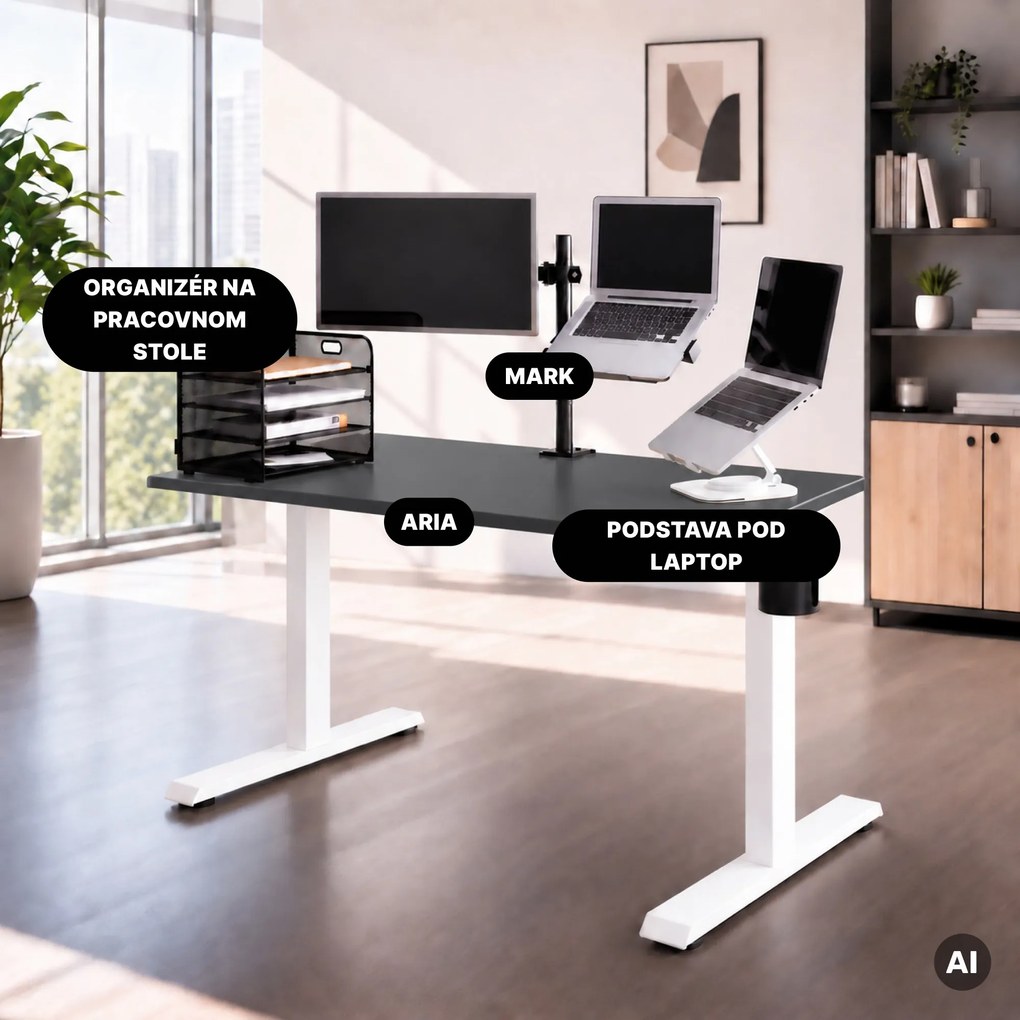 Elektrický stôl s nastaviteľnou výškou ergonomický bielo-antracitový,1400x700 mm: ARIA