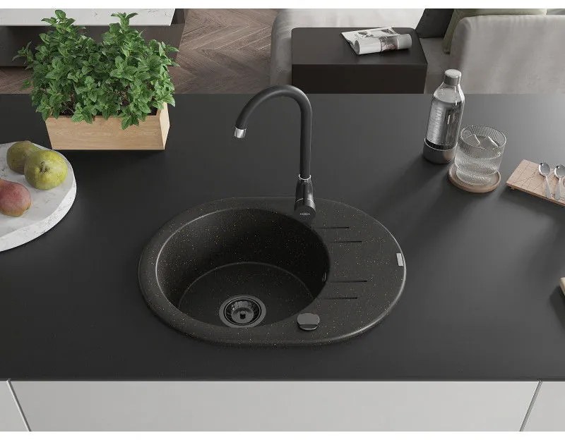 Mexen Kevin, granitový drez 586x458x190 mm, 1-komorový, čierna-zlatá metalíza s čiernym sifónom, 6517581005-75-B