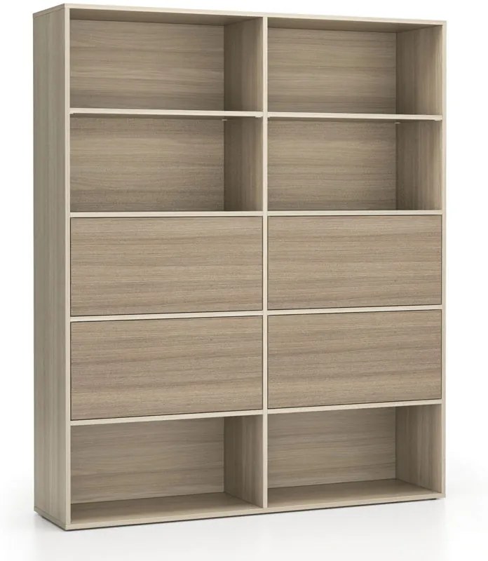 Široký kancelársky policový regál LAYERS, 4 boxy, 1582 x 400 x 1905, dub prírodný / dub morený