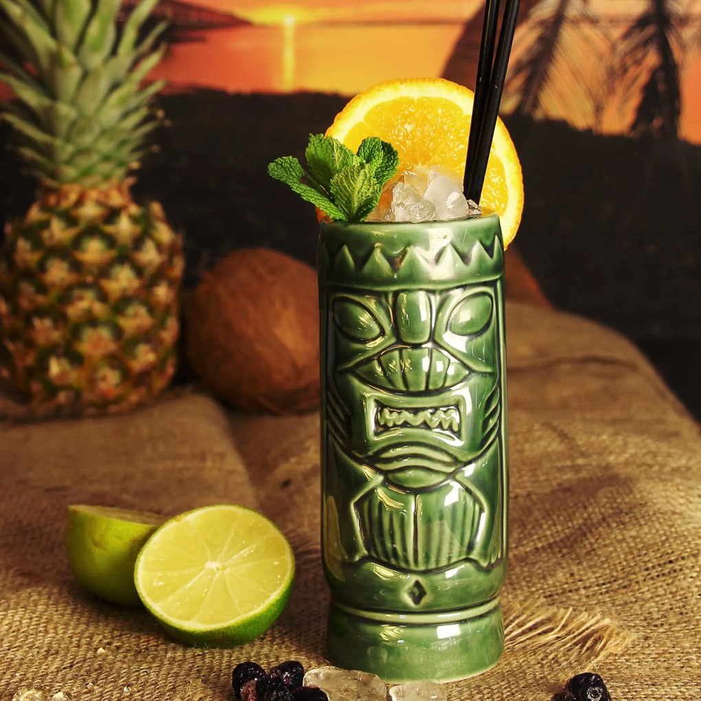 Bar@drinkstuff Keramický zelený Tiki pohár 10.5oz / 300ml