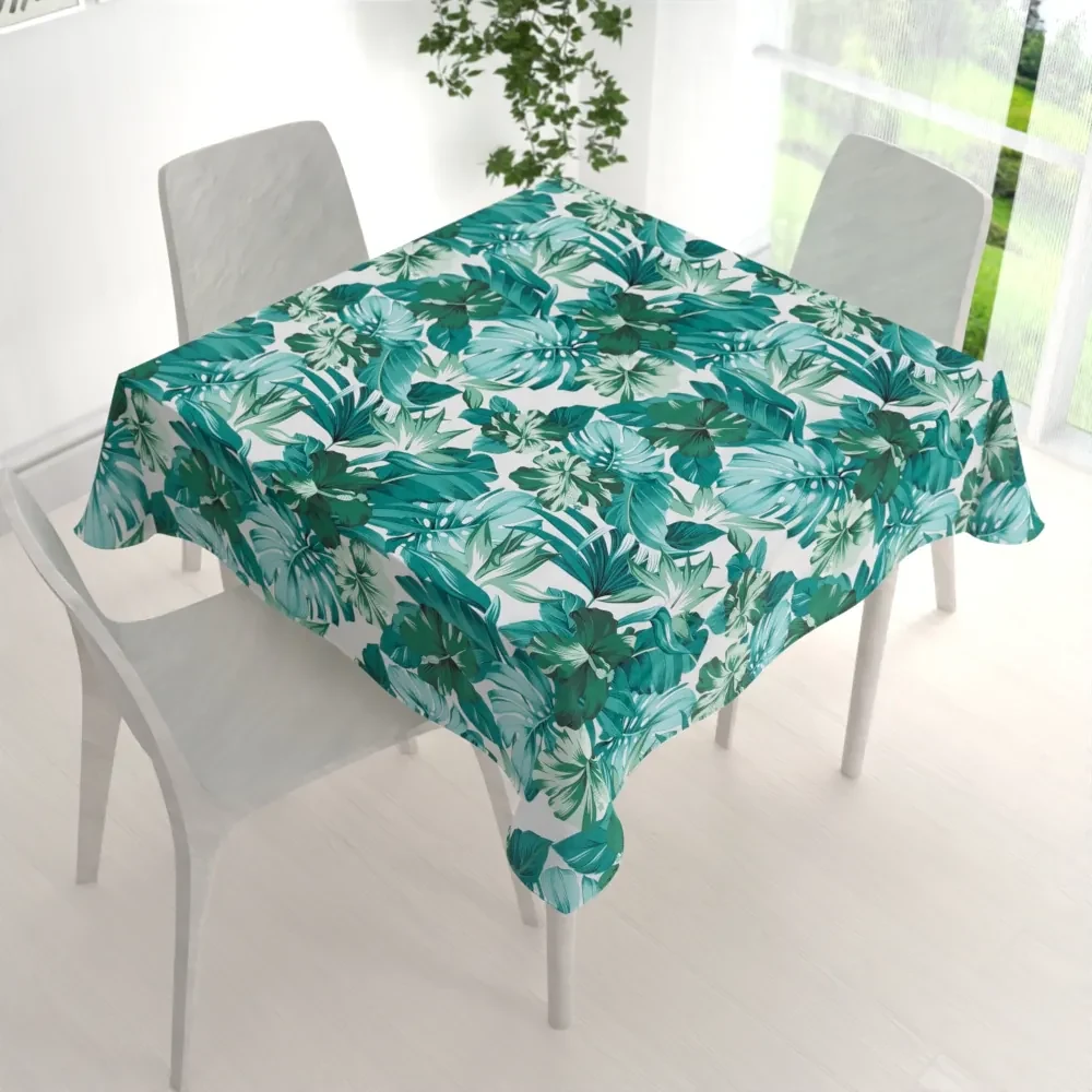 Biante Bavlnený štvorcový obrus Sandra SA-484 Modro-zelené kvety a listy monstery na bielom 130x130 cm