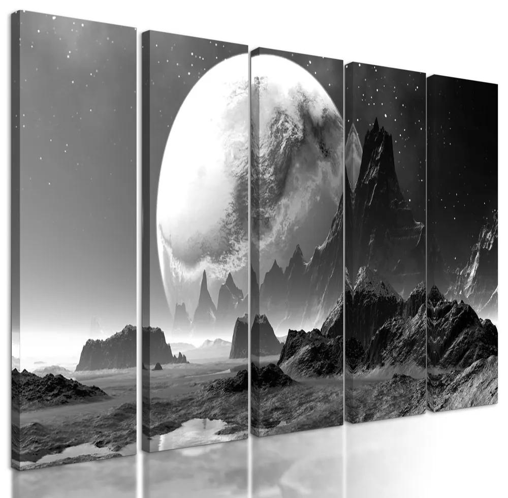 5-dielny obraz tajomná fantasy planéta v čiernobielom prevedení