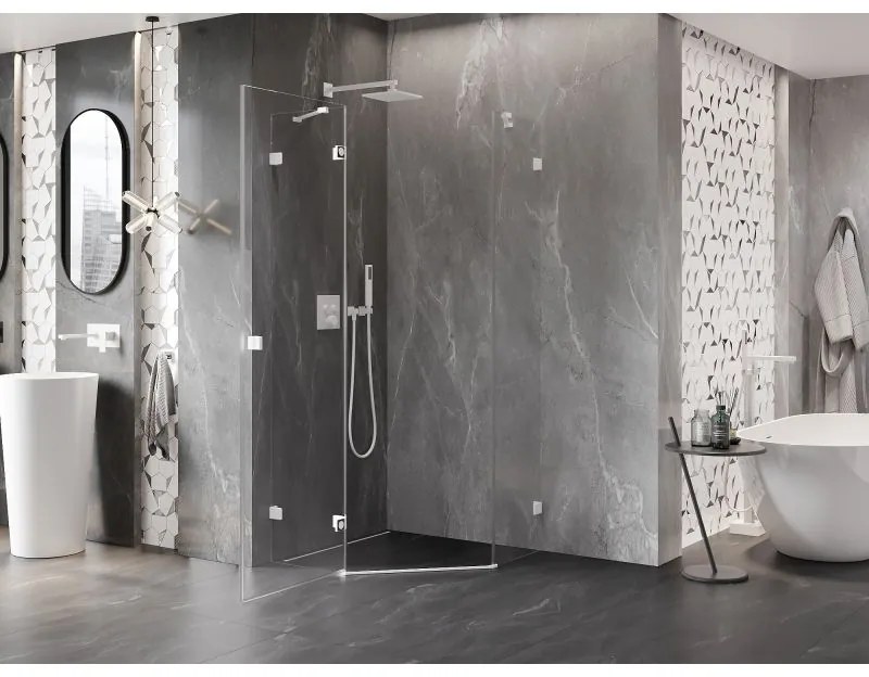 Mexen Lunar, Päťuholníkový sprchový kút Mexen Lunar s výklopným ľavým oknom 80 x 80 cm, 8mm číre sklo, biely profil, 831-080L-080P-20-00-L