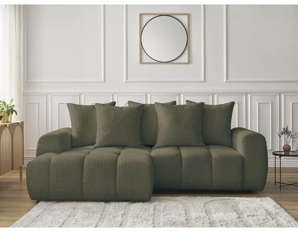 Khaki rozkladacia/s úložným priestorom rohová pohovka z textílie buklé (ľavý roh/s leňoškou) Roxelane – Bobochic Paris