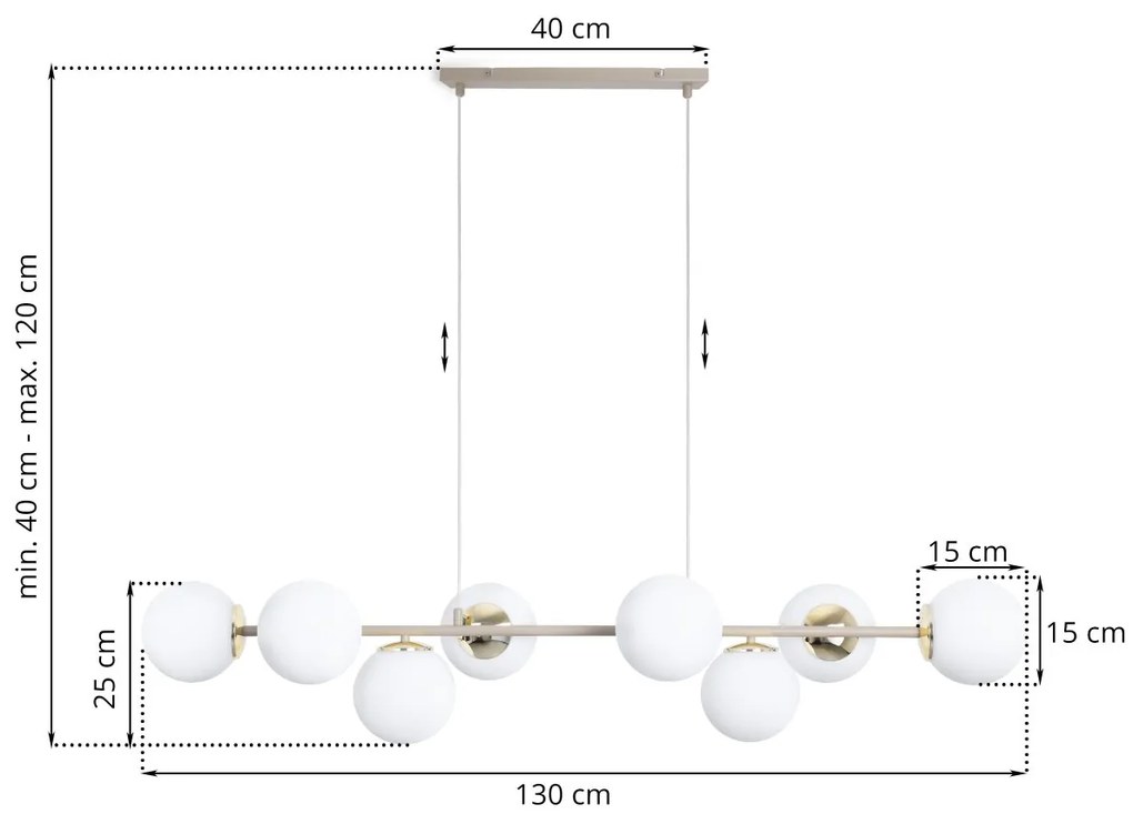 Závesné svietidlo Florence, 8x biele sklenené tienidlo, g/be