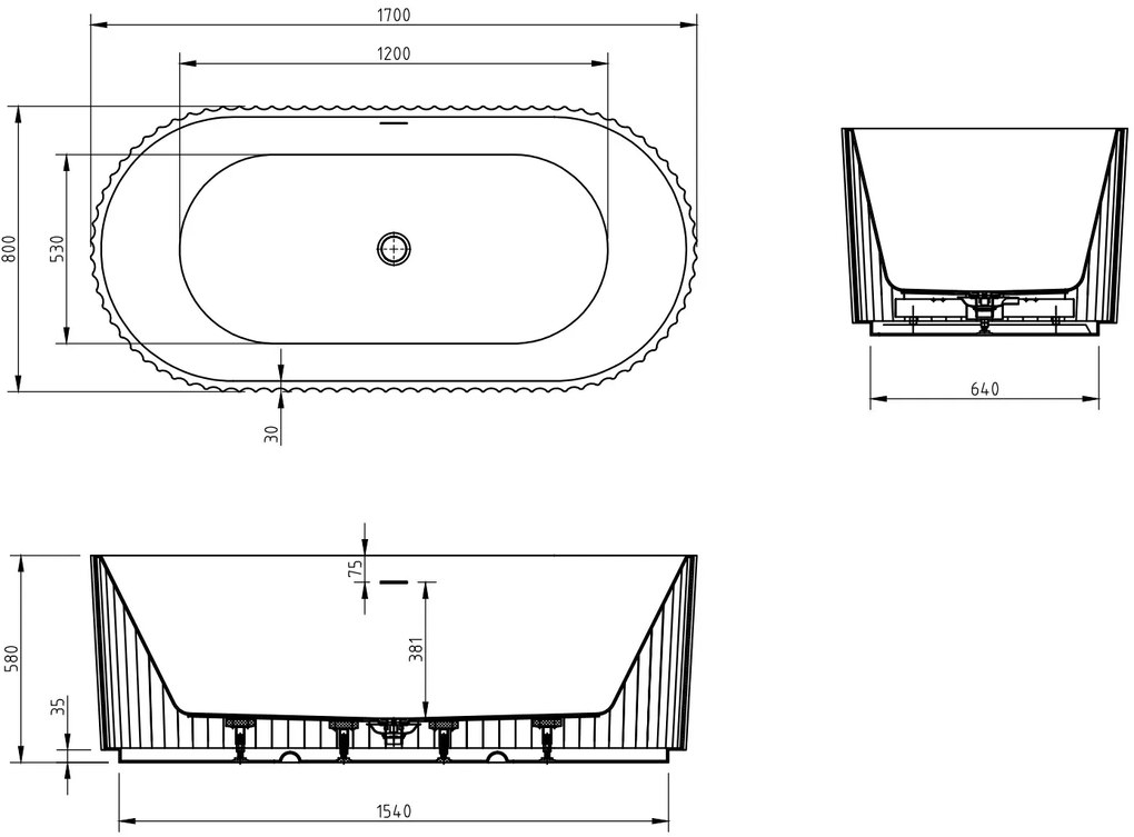 Mexen Paola, voľne stojaca vaňa, drážkovaná, 170 x 80 cm, biela matná, 52721708001-SS