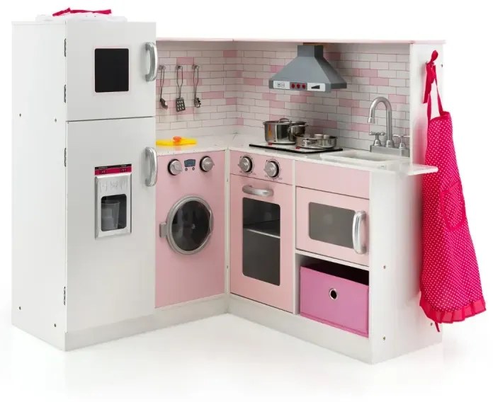 Rohová kuchynská hracia súprava Drevená kuchynka na hranie so zásterou pre deti Kuchárska čiapka 85 x 84 x 85 cm biela + ružová