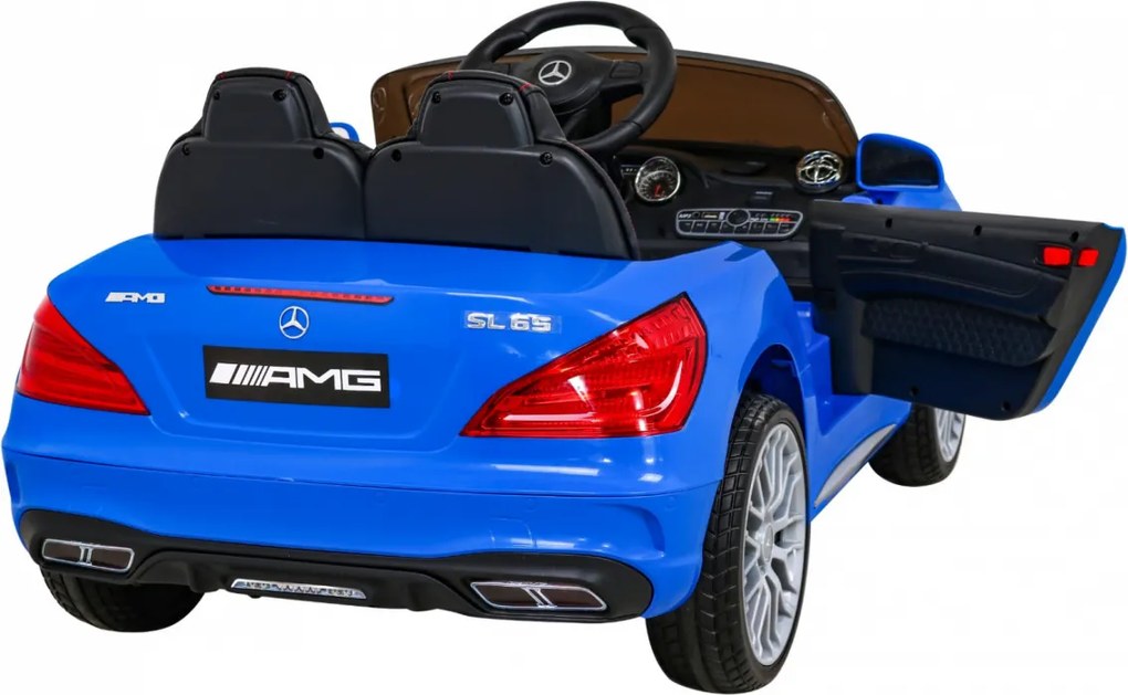 Ramiz Mercedes Benz AMG SL65 S elektrický pre deti Modrá + Diaľkové ovládanie + LED audio + Eco koža + EVA + Pomalý štart