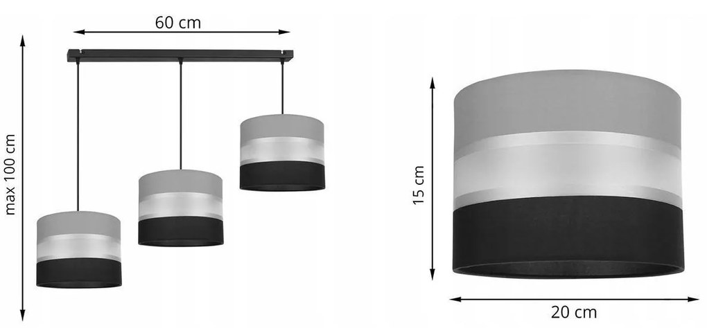 Závesné svietidlo Elegance, 3x textilné tienidlo (mix 5 farieb - kombinácia 2 farieb), (výber z 3 farieb konštrukcie)