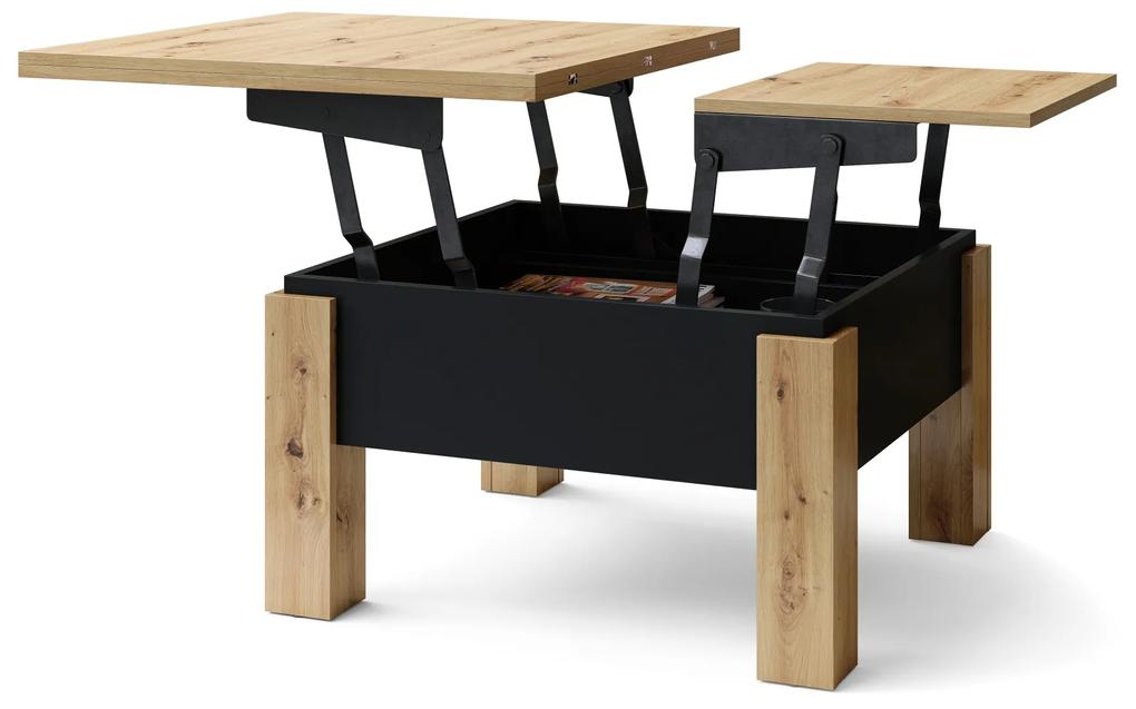 Mazzoni OSLO dub artisan / čierny mat, rozkladací konferenčný stolík s výškovo nastaviteľnou stolovou doskou