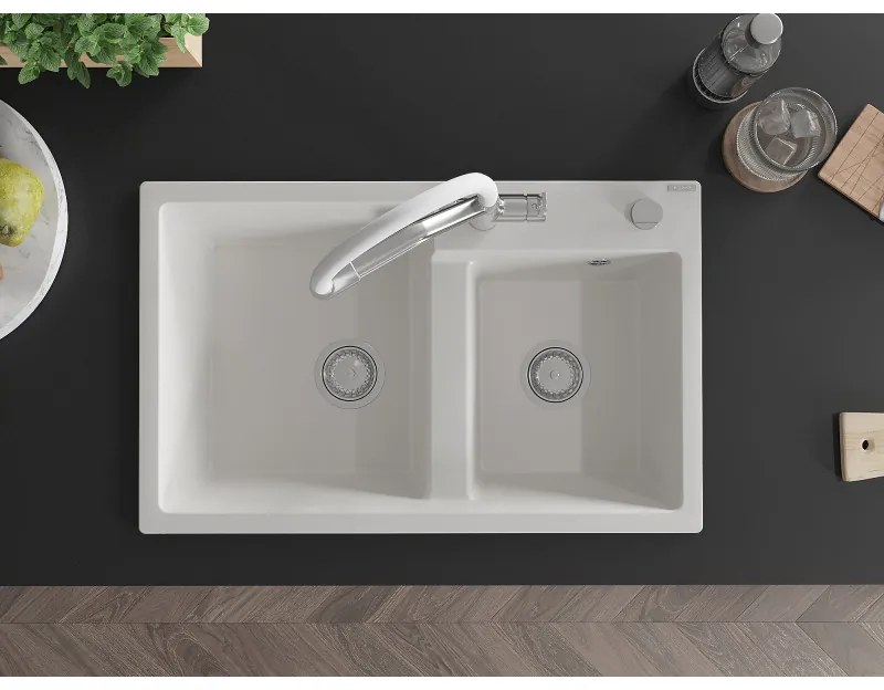 Mexen Tomas, 2-komorový granitový drez 800x500x190 mm a kuchynská batéria Duo, biela, 6516-20-671701-02