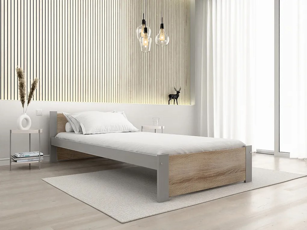Posteľ IKAROS 90 x 200 cm, dub sonoma/sivá Rošt: Bez roštu, Matrac: Matrac DELUXE 10 cm