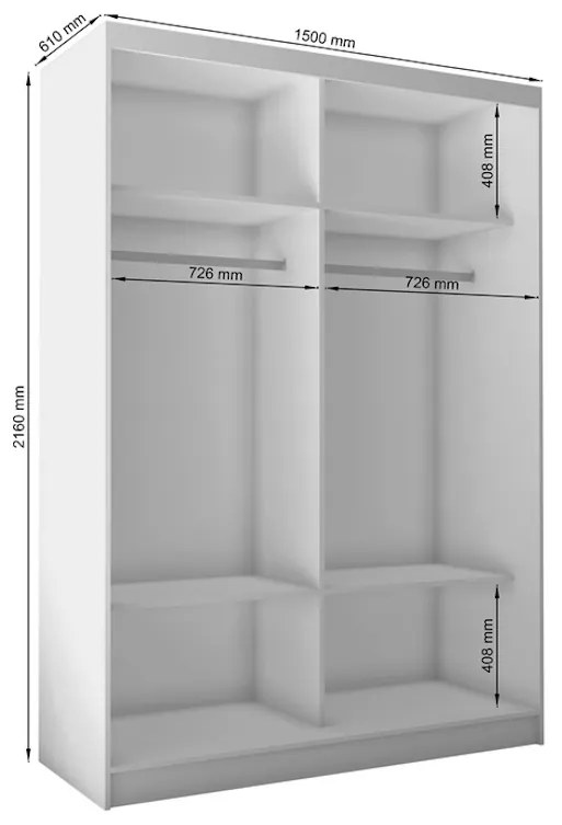Skriňa s posuvnými dverami a zrkadlom ALEXA + Tichý dojazd, biela, 150x216x61