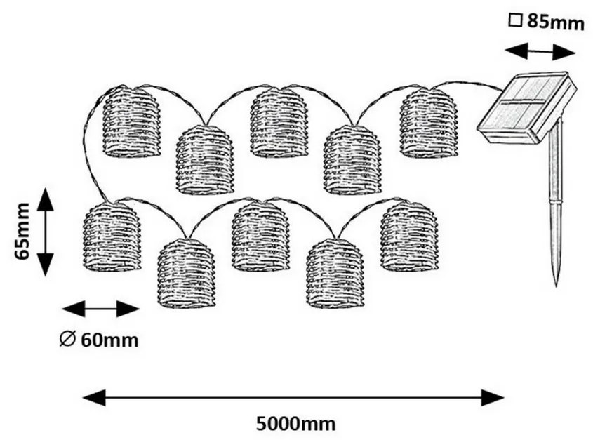 Rabalux 77047 solárna LED reťaz s 10 ratanovými klobúčikmi Rupit