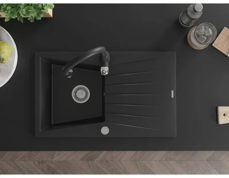 Mexen Cesar, 1-komorový granitový drez 775x470x190 mm a drezová batéria Savita, čierna, 6514-77-672601-70