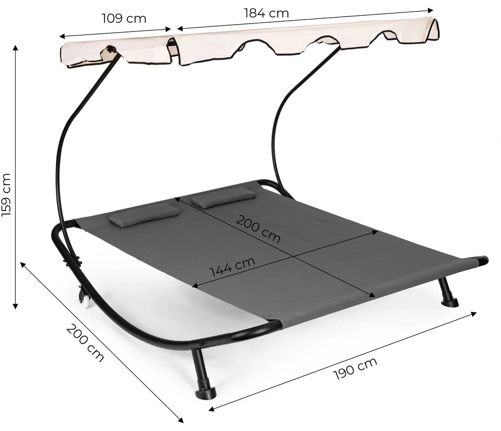 Dvojmiestne záhradné ležadlo s nastaviteľnou strechou, sivá hojdacia sieť od