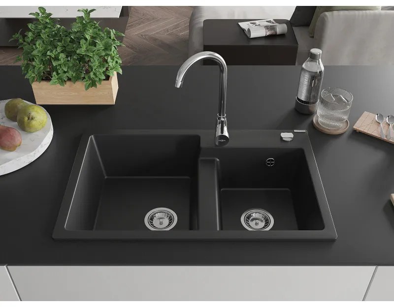 Mexen Tomas, granitový drez 800x500x190 mm, 2-komorový a chrómová batéria Telma, čierna, 6516-77-670200-00