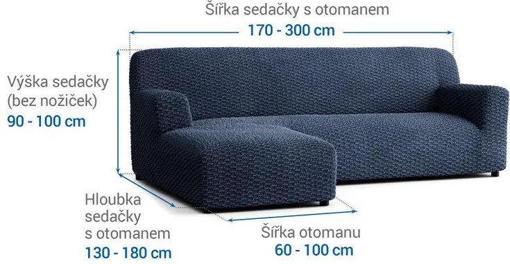 Bielastické poťahy MOSAICO modré sedačka s otomanom vľavo (š. 170 - 300 cm)