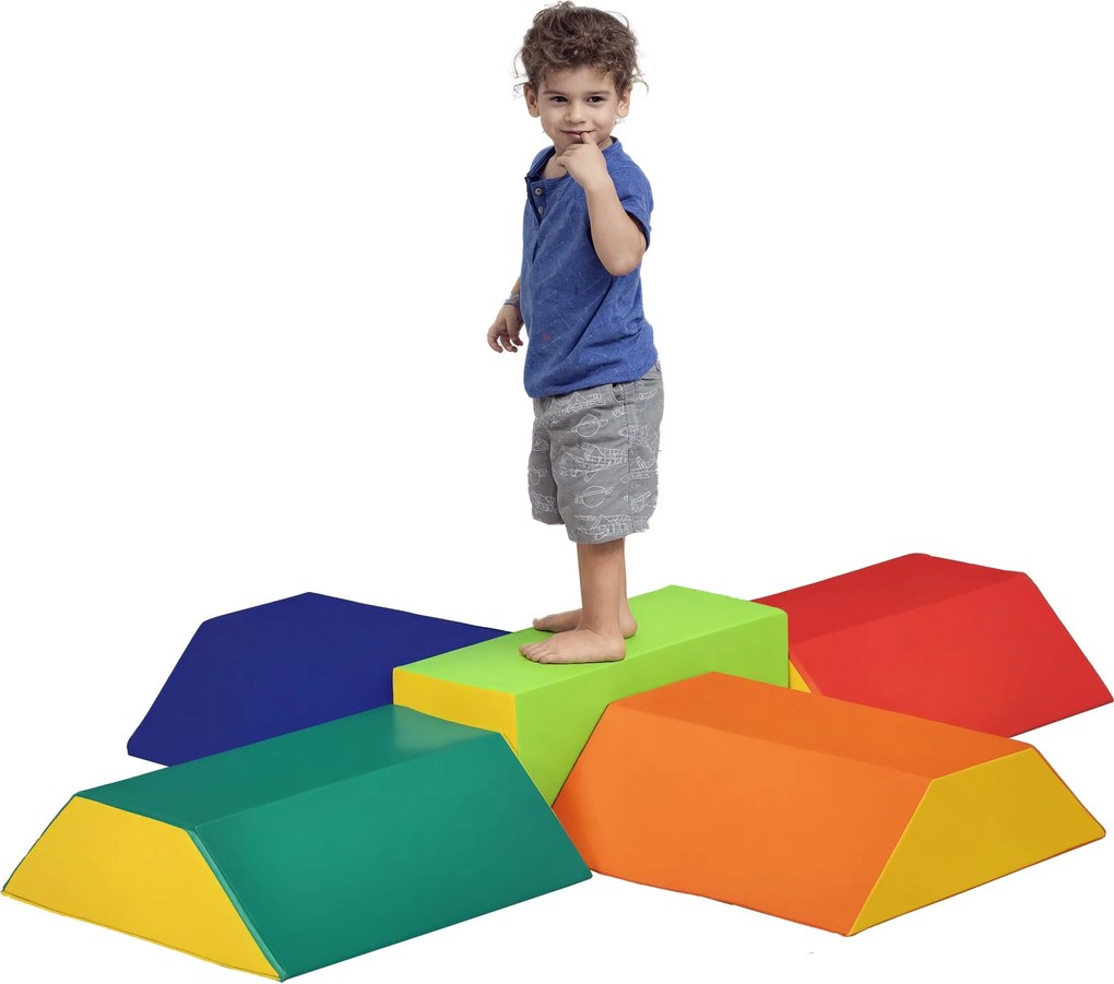 HOMCOM Mäkký Sada Stavebných Blokov pre Deti 1-3 Roky s 5 Obdĺžnikovými a Trapezoidnými Blokmi, PU a EPE Materiál, 48.3x19.1x48.3 cm, Viacfarebná | Ao