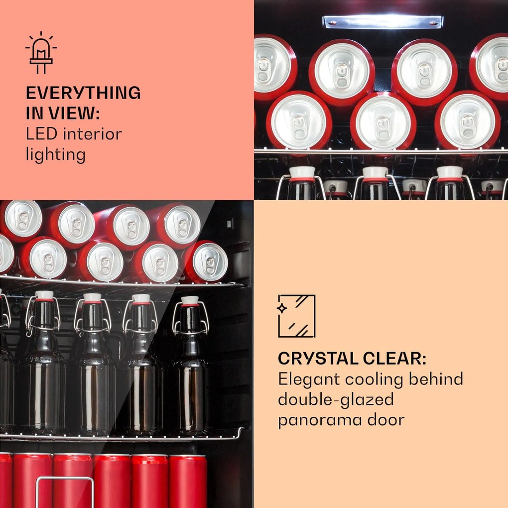 Klarstein Beersafe XL, chladnička, 60 l, 2 police, dvojitá izolácia panoramatických dvierok, nehrdzavejúca oceľ