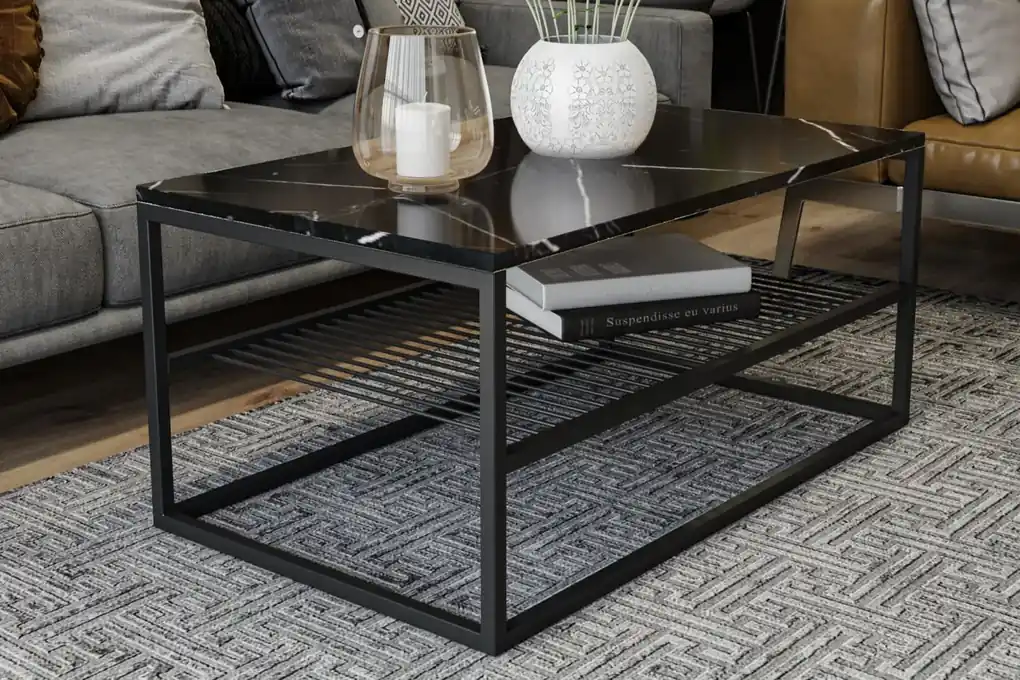 Hanah Home - Dizajnový konferenčný stolík ASUDE 95 cm, mramorový vzhľad,  čierny | BIANO