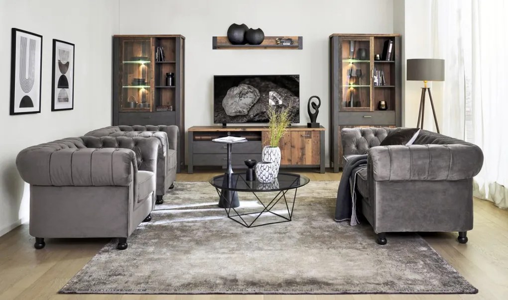 Pohovka Chesterfield, stredně šedá látka