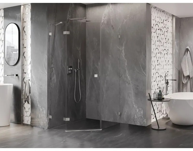 Mexen Lunar, päťuholníkový sprchový kút naklápací doľava 80 x 90 cm, 8mm číre sklo, oceľový profil, 831-080L-090P-97-00-L