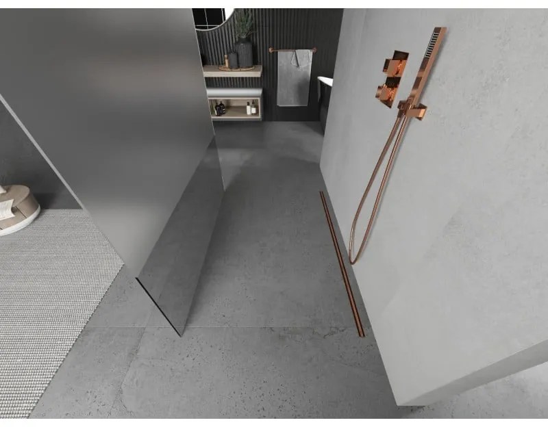 Mexen Kioto, priechodná sprchová zástena 140 x 200 cm, 8mm číre sklo - námraza, 2x zlatá stabilizačná rozpera, profil ružové zlato, 800-140-002-60-35