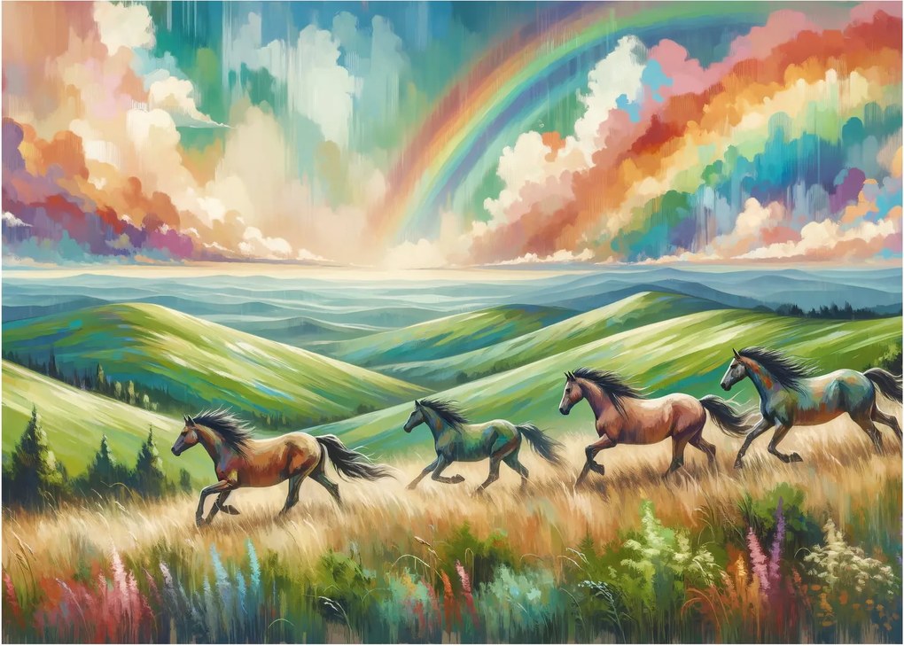 Sklenený obraz – Kone cválajúce krajinou (70x50 cm)