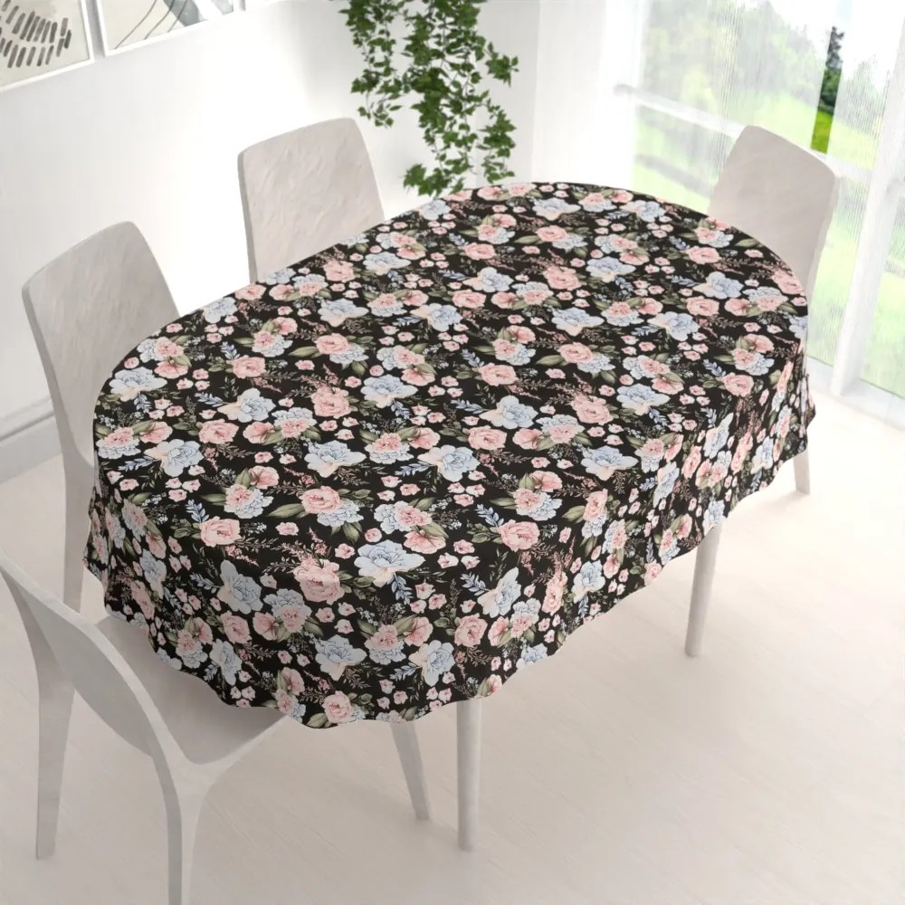 Biante Bavlnený oválny obrus Sandra SA-449 Modro-ružové kvety na čiernom 120x140 cm