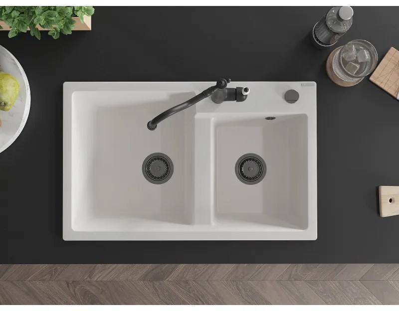 Mexen Tomas, granitový drez 800x500x190 mm, 2-komorový a drezová batéria Carla, biela, 6516-20-670700-70