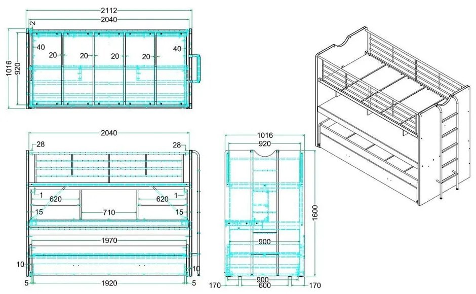 Bielo-modrá poschodová detská posteľ s výsuvným lôžkom s úložným priestorom s roštom 90x200 cm Bonny – Vipack