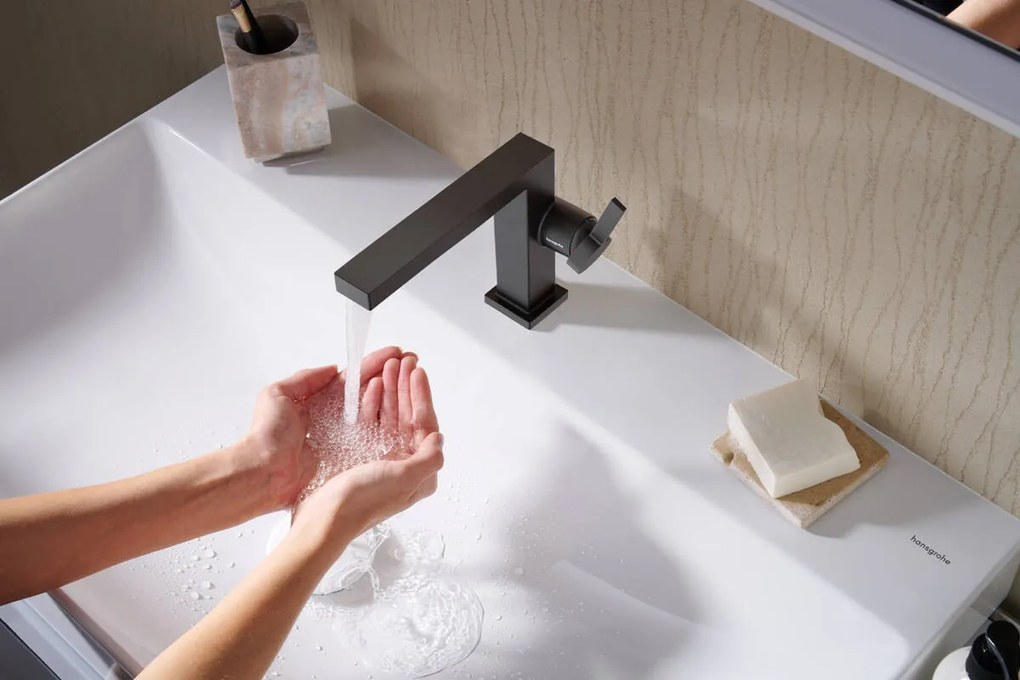 Hansgrohe Tecturis E, páková umývadlová batéria 110 Fine CoolStart EcoSmart+ s odtokovou garnitúrou Push-Open, čierna matná, HAN-73020670