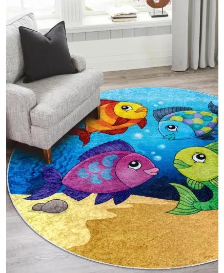 JUNIOR 51594.801 umývací okrúhly koberec ryby, oceán pre deti protišmykový - modrý Veľkosť: kruh 100 cm