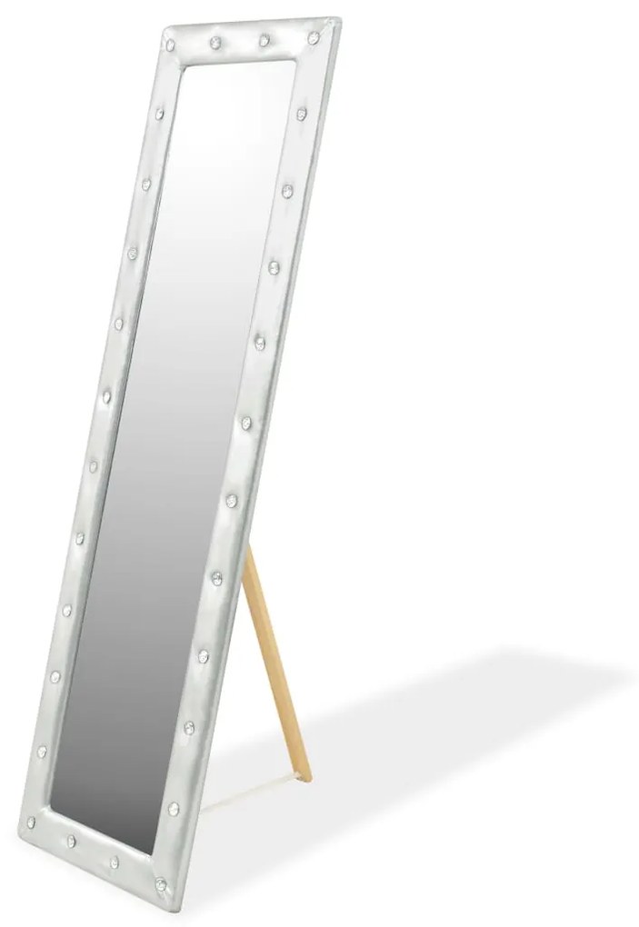 vidaXL Stojace zrkadlo z umelej kože, 45x150 cm, lesklé strieborné