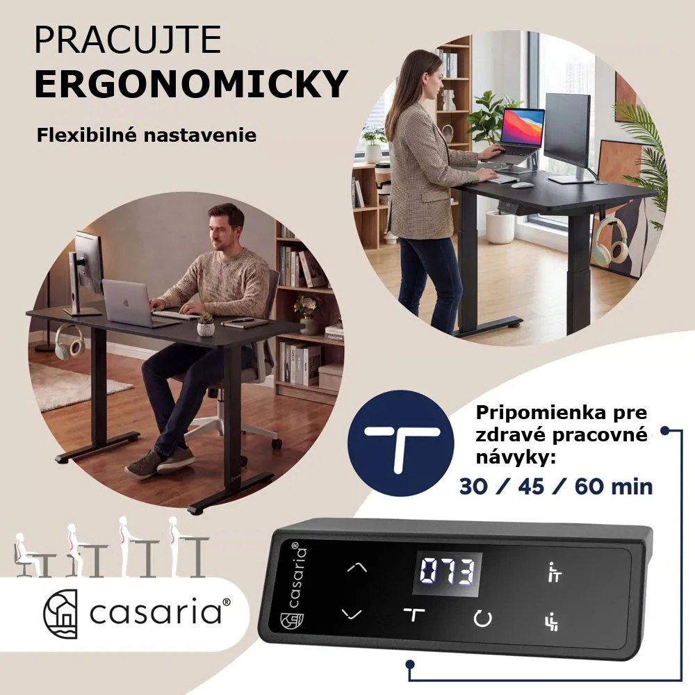 Výškovo nastaviteľný kancelársky stôl FLEXI, 160x75x72-117cm, čierna Casaria