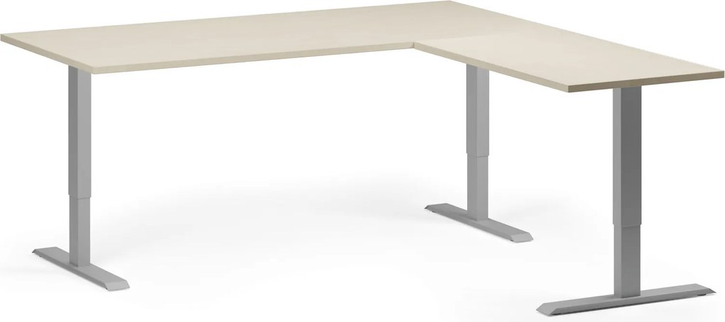 Výškovo nastaviteľný stôl, 180x180 cm, 3 motory, L/P, sivá podnož, breza