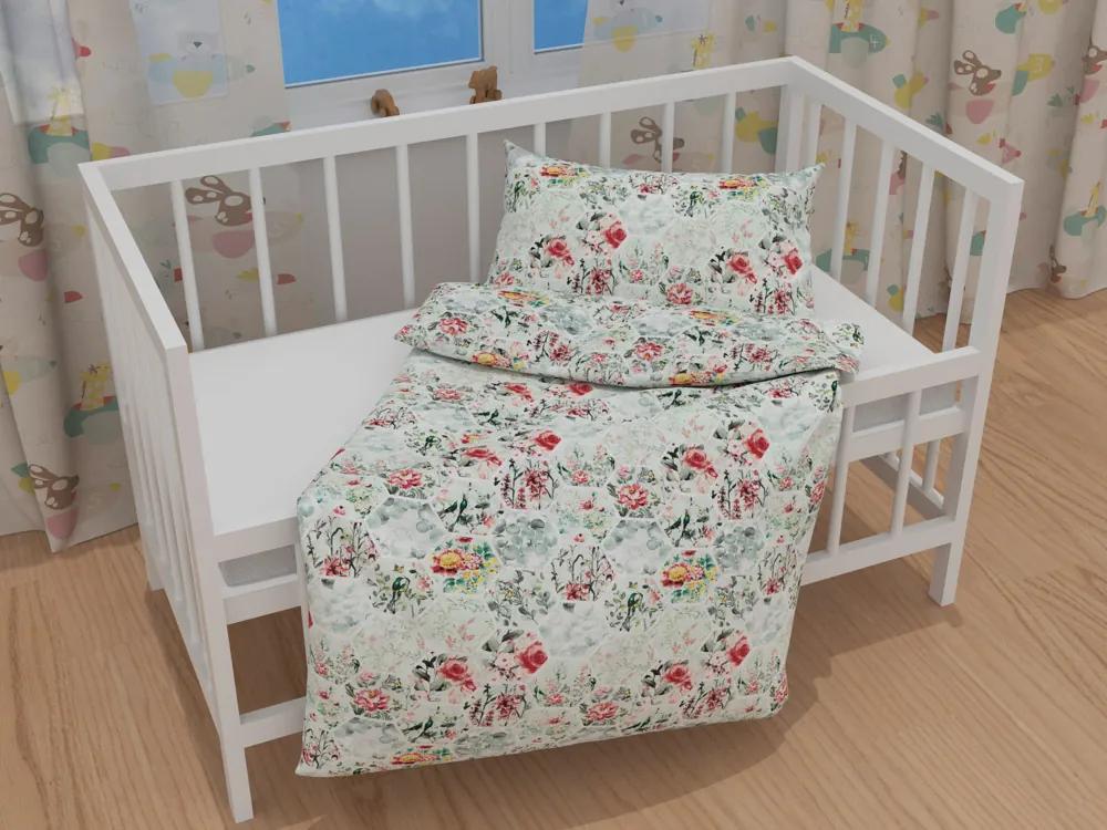 Biante Detské bavlnené posteľné obliečky do postieľky Sandra SA-415 Kvety na mintovom hexagóne Do postieľky 90x140 a 40x60 cm