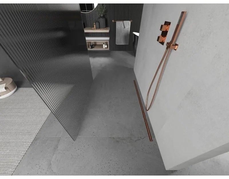 Mexen Kioto, sprchová zástena Walk-In 130 x 200 cm, 8mm sklo s rebrovým vzorom, ružové zlato profil, 800-130-002-60-09