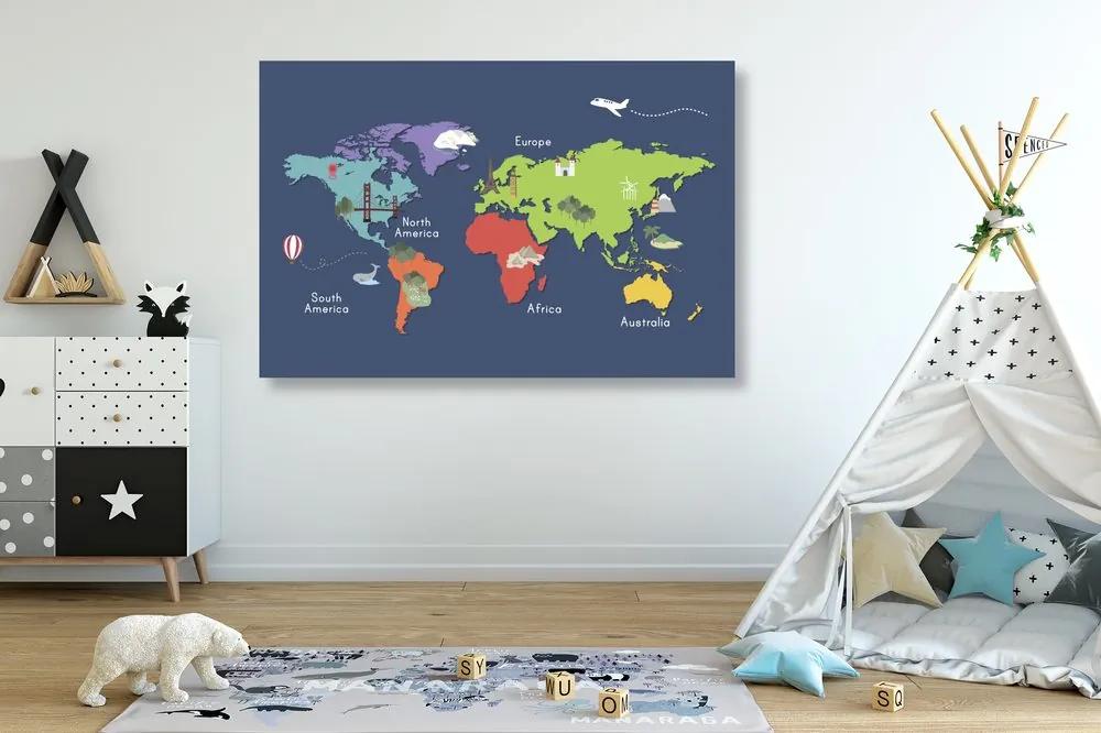 Obraz na korku  mapa sveta s kreslenými dominantami