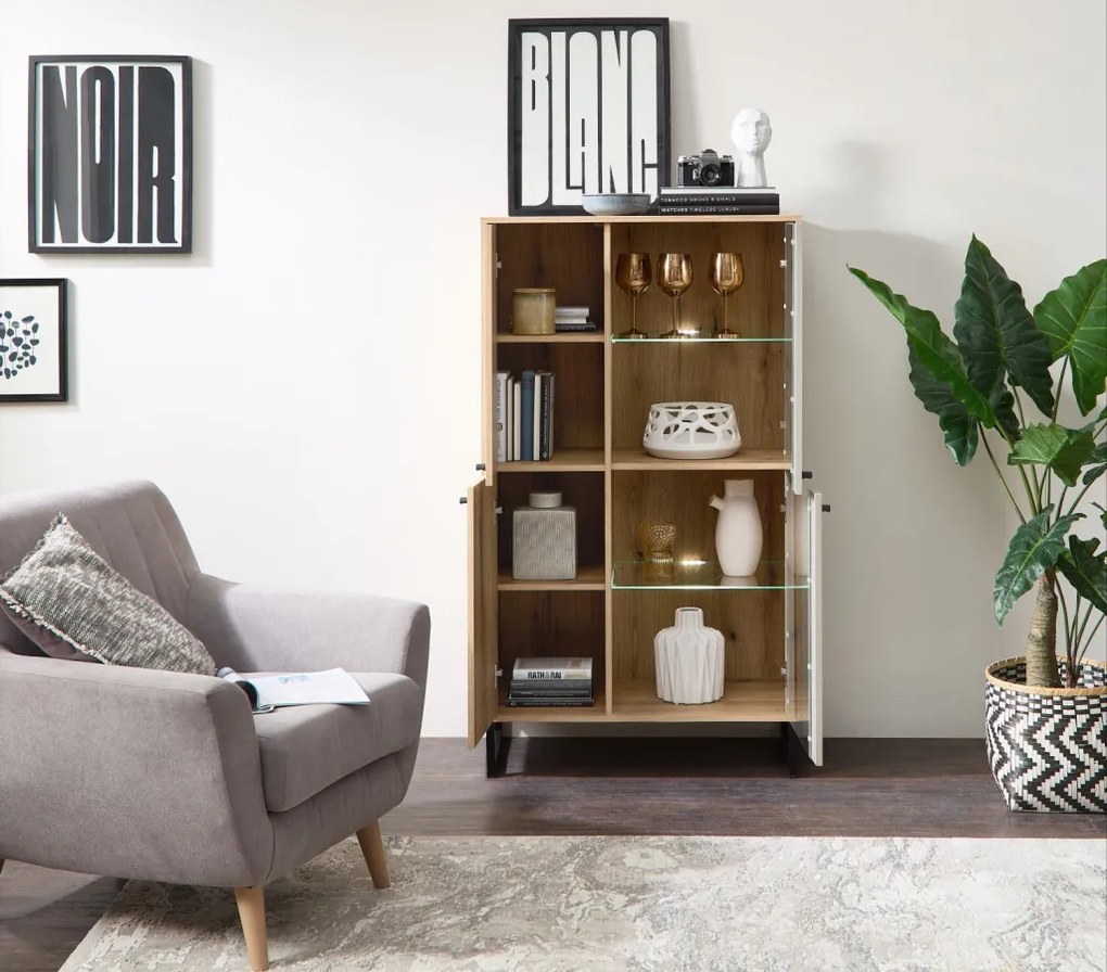 Vitrínová skrinka Cube, dub evoke / pieskovo šedá, s osvetlením