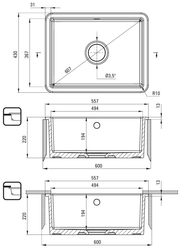 Deante Lumi, 1-komorový keramický drez 557x430x194 mm, biela, DEA-ZCU_610C
