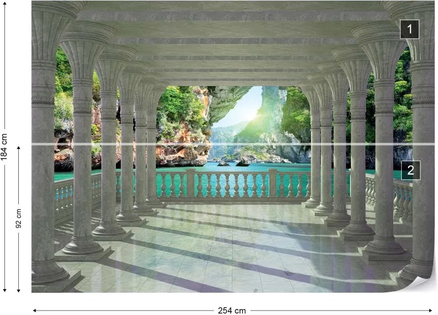 GLIX Fototapeta - Tropical Lagoon 3D View Through Columns Vliesová tapeta  - 254x184 cm